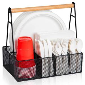 lot 25777 image: Paper Plate Organizer with Handle for Countertop, Metal Silverware Caddy for Cup, Napkin, Fork and Spoon, Paper Plate and Utensil Holder, Cutlery Caddy for Party, Camping, Picnic (Black) - Retail $27