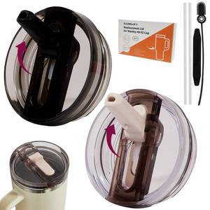 lot 25789 image: 2 Pack Detachable Flip Straw Lid for 40oz Stanley Quencher and ProTour, Leak-Proof No-Spill Replacement Lids with Straws & Cleaning Kit (Black & White) - Retail $10