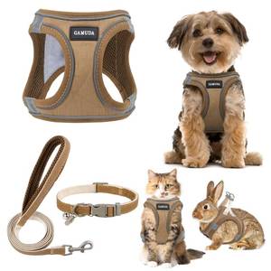 lot 31228 image: GAMUDA Small Pet Harness Collar and Leash Set, Step in No Chock No Pull Linen Fabric Soft Mesh Dog Vest Harnesses Reflective for Dogs Puppy Cats Kitten Rabbit (Brown, S) - Retail $143
