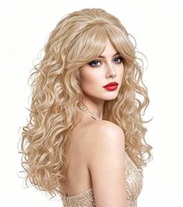 lot 42853 image: NJJYXH 22 Inches Retro Beehive Blonde Wigs for Women Long Wavy Wig with Bangs Synthetic Natural Wig for 60s 70s 80s Cosplay,Halloween,Daily Use - Retail $23