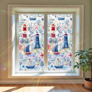 lot 42860 image: WDESYADMS Window Privacy Film 17 x 39 in Static Cling Window Film Coastal Nautical Lighthouse Sailboat Pattern Light Filtering Covering Summer Removable for Home Kitchen Living Room Bathroom - Retail $7
