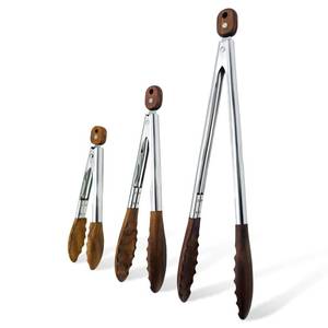 lot 42947 image: Amestar Wooden Tongs for Cooking & Serving Food, Anti-Slip Long Handle Wooden Kitchen Tongs Heat Resistant, Stainless Steel Salad Tongs with Walnut Wood Tip, Locking & Hanging Cooking Utensils Set - Retail $23