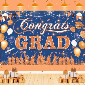 lot 42967 image: Blue Orange Graduation Decoration Banner, Blue Orange Congrats Grad Banner 2026 for Class of 2026 High School College Graduation Party 70.8x43.3 inch - Retail $13