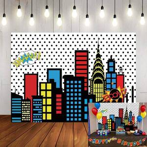 lot 42968 image: Art Studio 7x5ft Superhero Super City Photography Backdrops Skyline Buildings City Boom Photo Background Children Birthday Party Banner Photo Studio Booth Cake Table Decor Vinyl - Retail $9