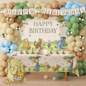 lot 42970 image: Winnie Bear Birthday Decorations, Vintage Pooh Bear Party Decor Includes 3D Winnie Foil Balloon, Balloon Arch, Backdrop, Banner, Tablecloth, Cake Toppers, Stickers for Girls Boys Birthday 149 pcs - Retail $20