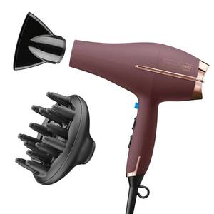 lot 42974 image: Infiniti PRO by CONAIR Hair Dryer, 1875W Blow Dryer with Diffuser and Concentrator Attachments, AC Motor with Ceramic Technology, 3 Heat & 2 Speed Settings, Plum - Retail $47