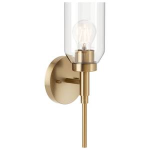 lot 49123 image: Kichler Madden 1-Light Bathroom Wall Sconce Light Fixture with Clear Glass in Champagne Bronze, Modern Vanity Lighting for Bathroom or Hallway (14.75 x 5), 55183CPZ - Retail $66