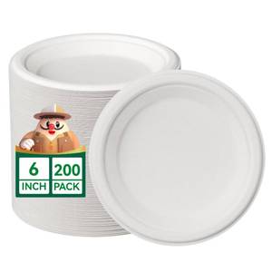 lot 49132 image: JOLLY CHEF 100% Compostable Small Paper Plates, 200 Pack 6 Inch Heavy Duty Dessert Plates, Disposable Biodegradable Eco-Friendly Sugarcane, Bulk White - Retail $19