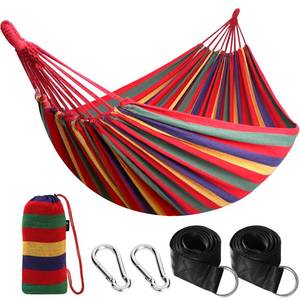 lot 49149 image: ANYOO Cotton Hammock Portable Camping Hammocks for Hanging Sturdy Garden Comfortable Fabric Hammock with Tree Straps Up to 660lbs with Travel Bag for Camping OutdoorIndoor Patio Backyard - Retail $27