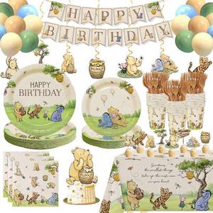 lot 49154 image: 192pcs Winnie Birthday Decorations, Vintage Pooh Bear Plates Napkins Cups Forks Tablecloth Balloons Banner Hanging Swirls Cupcake Toppers for Boy Girl Party Supplies 25 Guests - Retail $30