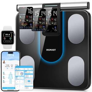 lot 62721 image: Smart Scale for Body Weight, INSMART 8-Electrode Bathroom Scale with BMI Body Fat Muscle Mass, 56 Body Composition Analyzer, Larger Platform Weight Scale with Colorful VA Screen on Handle - Retail $130