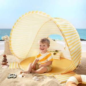 lot 62727 image: Tiny Land Baby Beach Tent Pop Up Tent with UV Protection, Portable Baby Beach Essentials, 35.4x27.6x31.5 Sun Shelter for Infants, Baby Summer Outdoor Use (Pastel Yellow Stripes) - Retail $45