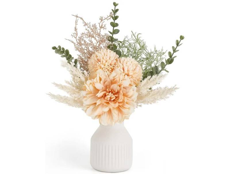 lot 24016 image: Mkono Small Artificial Flowers in Ceramic Vase 12.5 Centerpieces Coffee Table Decor, Silk Flower Arrangements for Home Decor Indoor Fake Flower Bouquet for Bathroom Dining Room Kitchen Champagne - Retail $22