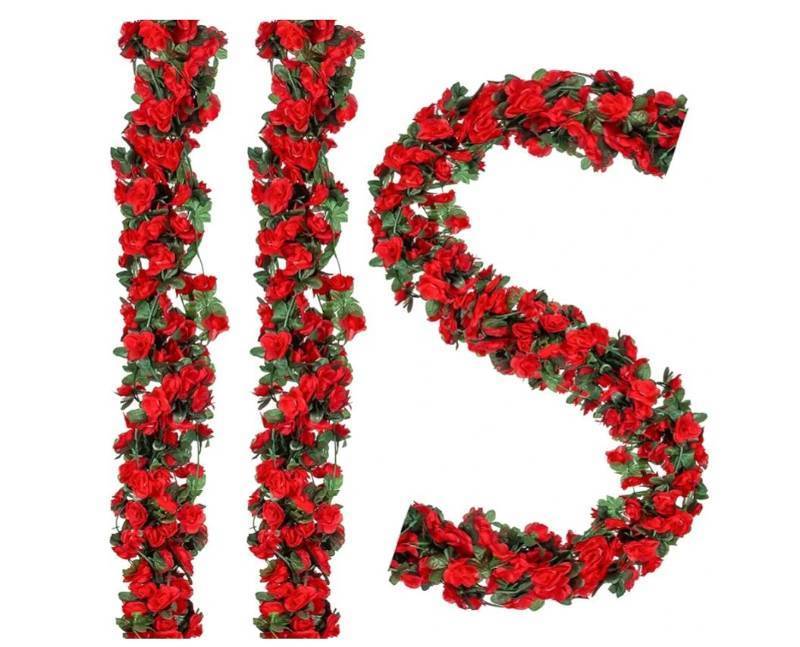 lot 24040 image: BSMYBO 5Pcs 41FT Artificial Red Flower Garland, Fake Hanging Flower Vines Wine Red Rose with Green Leaves, Faux Silk Flower for Backdrop Decoration Tea Party Wedding Birthday Anniversary Bedroom - Retail $20