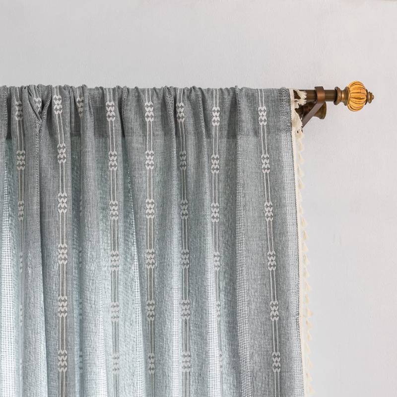 lot 25370 image: Boho Embroidery Striped Farmhouse Curtains - 84 Inch Long, 2 Panel Set, Blue Linen, Tassel, Semi-Blackout for Bedroom & Living Room (52 W x 84 L) - Retail $46