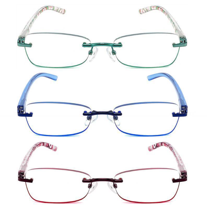lot 25387 image: JJWELL 3 Pack Reading Glasses for Women Blue Light Blocking, Anti EyestrainUV 400 Filter Readers with Spring Hinge, Lightweight Rimless Tinted Metal Blue Rays Eyeglasses (200) - Retail $22