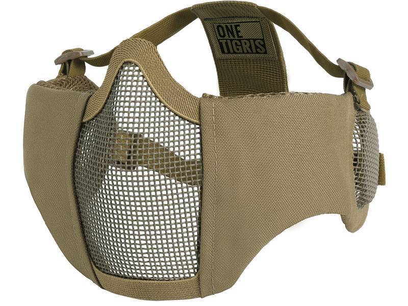 lot 27931 image: OneTigris 6 Foldable Half Face Airsoft Mesh Mask with Ear Protection, Military Tactical Lower Face Protective Mask (Tan) - Retail $20