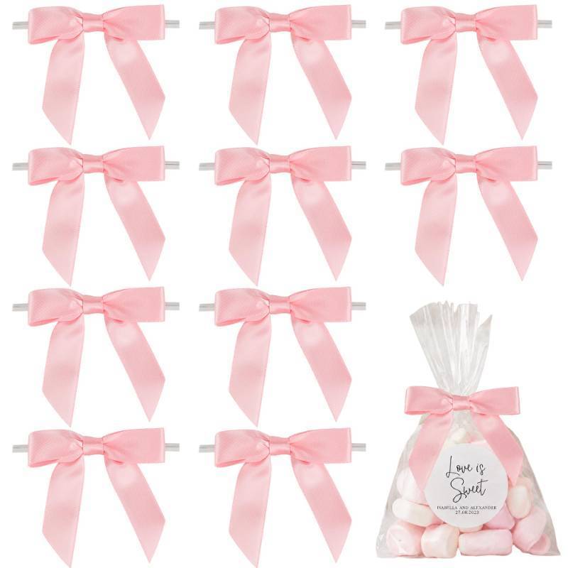 lot 27940 image: AIMUDI Baby Pink Satin Ribbon Bows 2.5 Pre-Tied Twist Tie Bows for Treat Bags Candies Cake Pops Gift Wrapping Baby Shower Wedding Birthday Party Favors 50 PCs - Retail $12