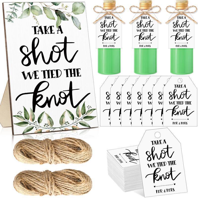 lot 42979 image: Geetery Take a Shot We Tied The Knot Sign with 100 Pcs Cardstock Keepsake Souvenir Favor Tags and 2 Bundles Rope, Wedding and Engagement Party Labels for Bottles Bridal Shower Decorations - Retail $9