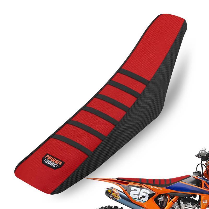 lot 42985 image: MCHMFG Universal Ribbed Dirt Bike Seat Cover - Gripper Soft Seat Cover for Most Dirt Pit Bike Motorcycle Black-Red - Retail $28