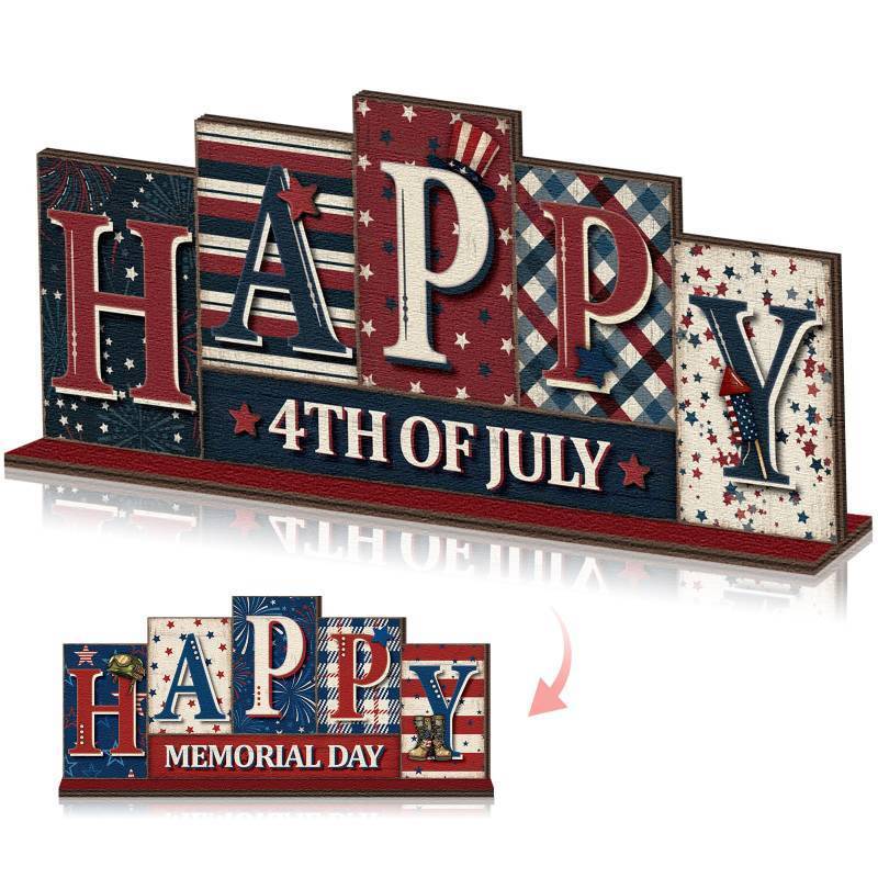 lot 42998 image: Yousoontic 4th of July Memorial Day Table Decorations Reversible Patriotic Wooden Sign Red White Blue Tabletop Centerpiece Farmhouse 250th Anniversary Decor for Home Office Desk Shelf Tiered Tray - Retail $18