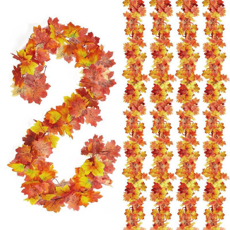 lot 19496 image: 5 Pack 5.74 FT Fall Garland Maple Leaf Hanging Vine Garland Artificial Autumn Foliage for Fall Decor Thanksgiving Decorations Harvest Halloween Outdoor Indoor (Orange)