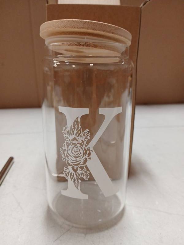 lot 25276 image: Glass Cup with Wooden Lid Monogram K