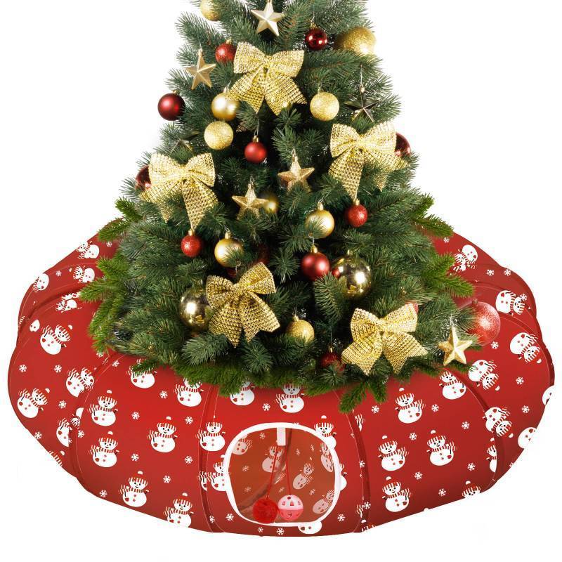 lot 25289 image: Pawaboo Cat Tunnel Bed Under Christmas Tree, 35.4 Christmas Cat Toy Circle Tunnel with Ball, Cats Tunnels Christmass Tree Skirt Decorative Festive Foldable Kitty Tube Tunnels for Cats(Red Snowman) - Retail $31