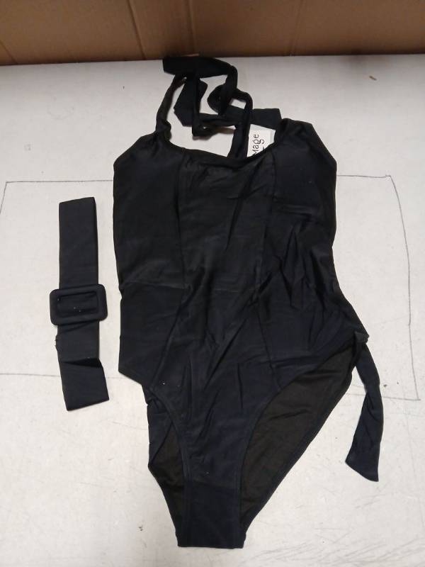 lot 27802 image: Ai Mage Womens One Piece Swimsuit Belted Tummy Control Square Neck Tie Shoulder Swim Suit Black Small