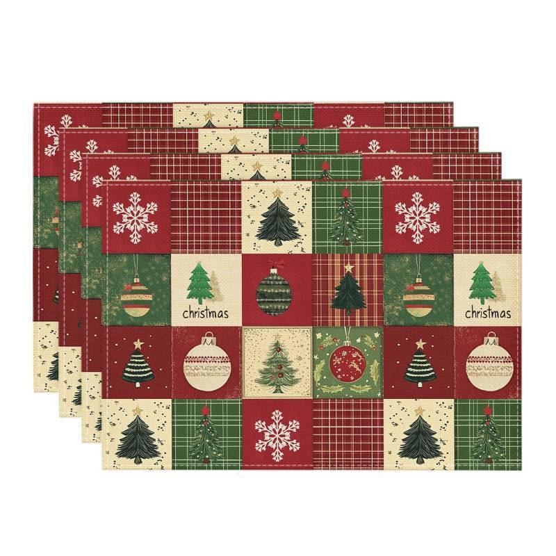 lot 27809 image: Artoid Mode Xmas Trees Christmas Balls Placemats Set of 4, 12x18 Inch Table Mats for Winter New Year Holiday Party Kitchen Dining Decoration - Retail $10