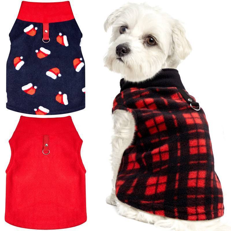 lot 27821 image: 3 Pieces Christmas Small Dog Sweater Pet Clothes with Leash Ring Soft Fleece Pullover Puppy Warm Sweaters Santa Hat Pattern Vest Xmas Red Plaid Winter Clothes for Cats (X-Small) - Retail $12