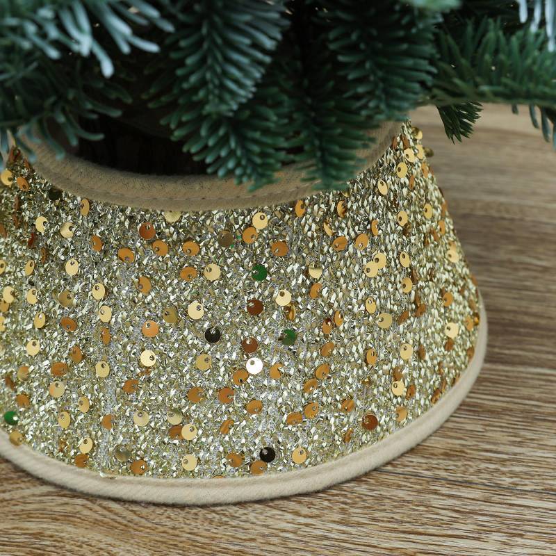 lot 27833 image: TWSANTAMAS 7.5 Inch Glittering Christmas Tree Collar, Sequin Rustic Mini Tree Skirt Base Cover for Small Tabletop Trees, Holiday Home Decor Gift, Gold - Retail $8