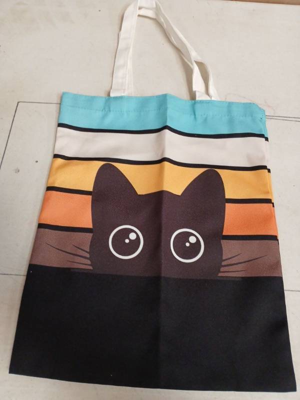lot 31429 image: Black Cat Tote Bag - Black Cat Gifts for Kitty Lovers, Women, Mom - Kitty Themed Gifts - Hello Reusable Canvas Tote Bag - Birthday Bags - Retail $12