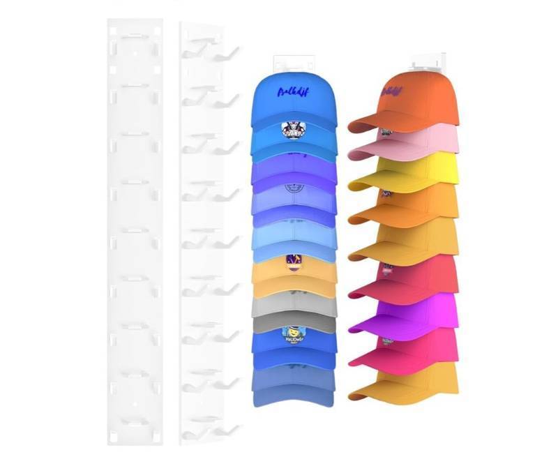 lot 31440 image: 2 Pack Hat Organizer for Baseball Caps, Strong Adhesive Hat Rack for Wall, Multilayer Hat Storage Display Holder for Door Closet, Cap Organizer Storage Wall Mounted Hat Hooks Hold up to 18 Hat (White) - Retail $10