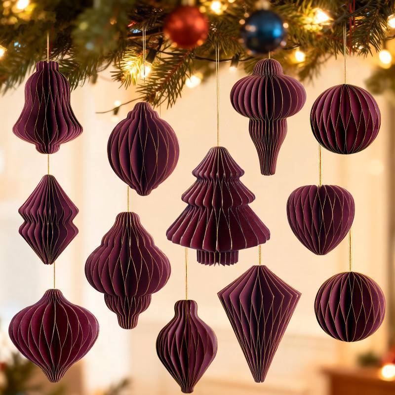 lot 42675 image: 9Pcs Dark Red Paper Christmas Party Decorations, 3D Honeycomb Paper Hanging Ornaments with Glitter, Vintage Finial Honeycomb Lantern Burgundy Ornaments for Christmas Trees Winter Wonderland Party - Retail $7