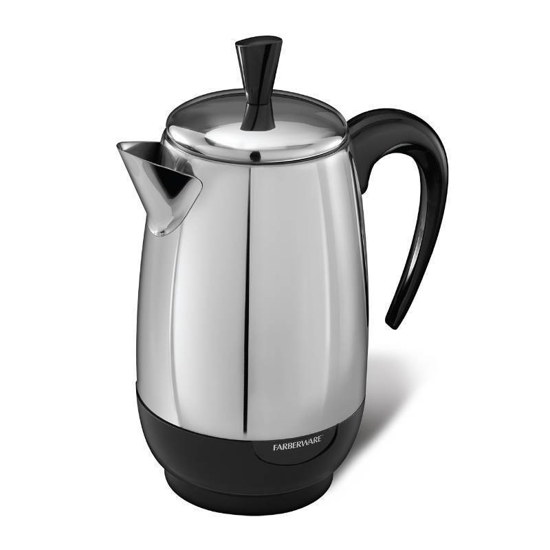lot 32899 image: Farberware Electric Coffee Percolator, Stainless Steel Basket, Automatic Keep Warm, No-Drip Spout, 8 Cup - Retail $70