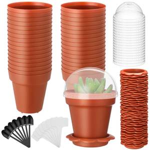 lot 9347 image: LOYIM 36 Pcs Cupcake Plant Nursery Pots with Humidity Dome Small Flower Pots Plastic Planting Containers Cups with Saucers and Shovel for Indoor Outdoor Plant Succulent Display (Classic) - Retail $20
