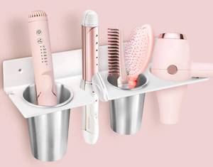 lot 9359 image: Bollmisde Hair Tool Organizer, Hair Dryer Holder with Heatproof Steel Cups, Acrylic Vanity Organizer for Curling Iron, Flat Iron & Hair Brushes, Perfect for Bathroom (White, Oversized) - Retail $18