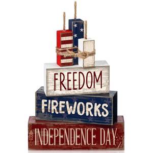 lot 9386 image: CroBlissful 4 Pcs 4th of July Decorations Patriotic Memorial Day Tabletop Decorations Red White Blue Table Centerpieces Sign for Office Tiered Tray Home Shelf 250th Anniversary(Patriotic) - Retail $17