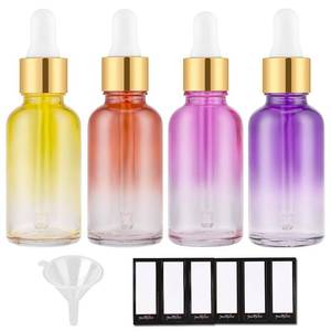 lot 9388 image: PrettyCare 4 Pack 1oz Dropper Bottle for Essential Oils, 30 ml Rainbow Glass Leak Proof Essential Oils Bottles with Labels, Funnel & Pipettes- Empty Tincture Bottles for Personal Care & Beauty - Retail $10