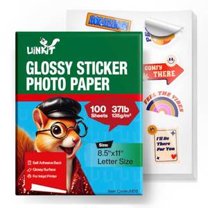 lot 25813 image: Uinkit 100 Sheets Printable Glossy Sticker Photo Paper 8.5x11 Full Sheet Inkjet Self Adhesive Photo Paper Label For for Scrapbooking, Brand Logo, Party Decor Stickers Letter Size - Retail $21