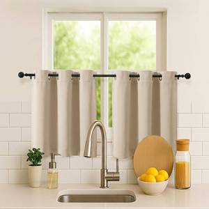 lot 25836 image: Simplebrand Biscotti Beige Short Kitchen Curtains 24 Inch Length 2 Panels Set, Small Windows Room Darkening Curtain for Bathroom, Basement, RV Camper, Thermal Insulated Short Drapes, 40 x 24 Inch - Retail $17