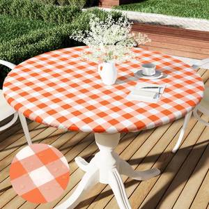 lot 25840 image: Smiry Round Picnic Tablecloth, Elastic Waterproof Fitted Vinyl Tablecloths for 45-56 Tables, Flannel Backed Buffalo Plaid Table Cover for Dining, Camping, Outdoor, White and Orange - Retail $15