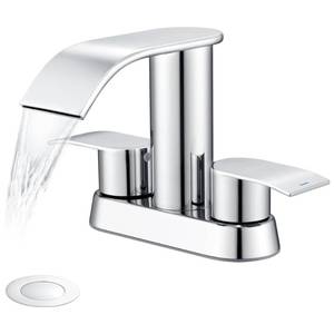 lot 25843 image: Ultimate Unicorn Bathroom Faucet for Sink Chrome, 4 Inch Bathroom Sink Faucet for 3 Hole or 2 Hole, 2 Handle Waterfall Faucets with Pop up Drain, Centerset Faucets for RV Counter - Retail $47