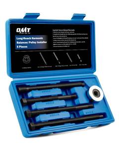 lot 25851 image: Orion Motor Tech Harmonic Balancer Installer Set, 5pc Long Reach Crank Pulley Underdrive Pulley Damper Installation Tool Kit with 4 Adapters & Nut Bearing - Retail $33