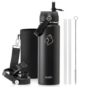 lot 25879 image: BUZIO 24 oz Insulated Water Bottle, Stainless Steel Wide Mouth Water Flask with Straw Lid, Cold for 48 Hrs Leak Proof Metal Hydro Thermo Canteen Mug, Black - Retail $24