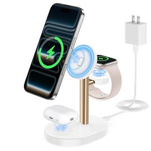 lot 25880 image: Hevanto 2026 3 in 1 Wireless Charging Station for Apple MagSafe Charger, 15W Fast Magnetic Mag-Safe Charger Stand for iPhone 17 16 15 14 13 12 Apple Watch AirPods Series, Gold&White - Retail $40