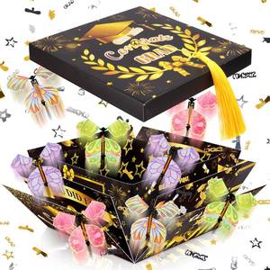 lot 43198 image: Surprise Gift Box Explosion, Graduation Gift Boxes 2026 with 8 Pcs Flying Butterfly Photo DIY, Graduation Box 2026 Exploding Gift Box for High School College Graduate Party Decoration (Black & Glod ) - Retail $16