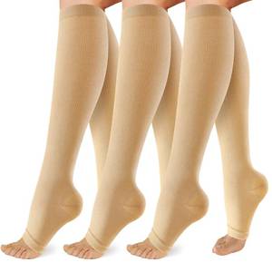 lot 43240 image: OUIVIAL 3 Pack Copper Compression Socks for Women&Men, 20-30mmHg Open Toe Knee High Support Socks for Varicose Vein,Running - Retail $14