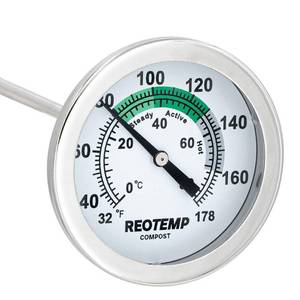 lot 43248 image: Reotemp K83B1 12 Inch Soil & Compost Thermometer with Digital Composting Guide, 32-178 Fahrenheit and Celsius - Retail $14